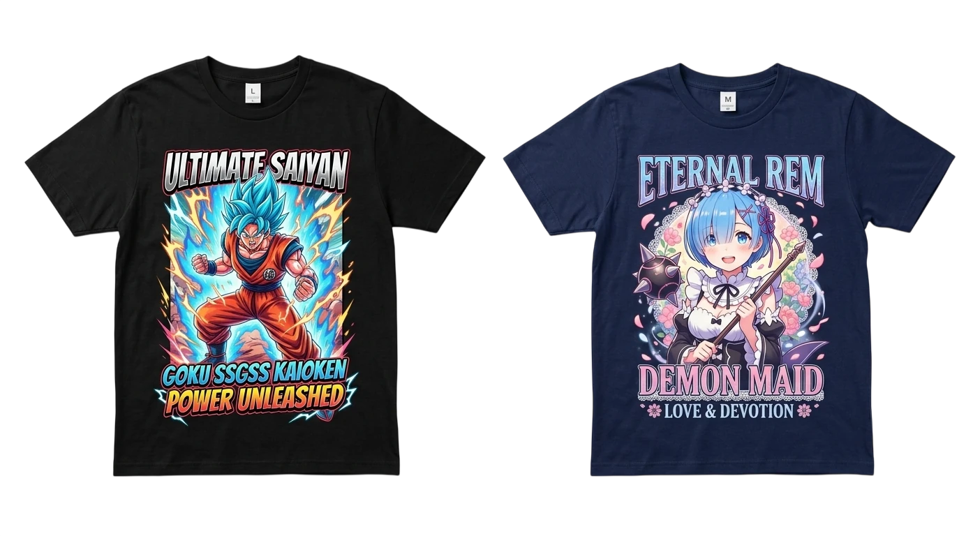 Camisetas personalizadas de anime con diseños de Dragon Ball y Re:Zero, foto de producto Zephyr