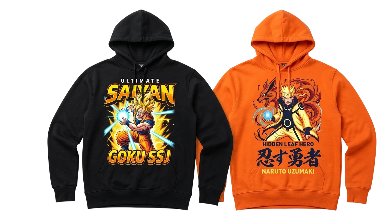 Sudaderas personalizadas de anime con diseños de Dragon Ball y Naruto, foto de producto Zephyr