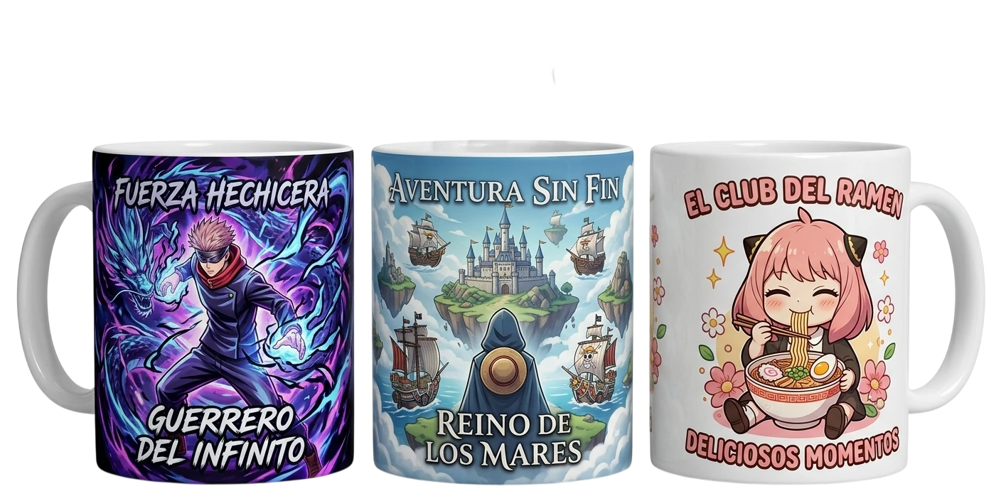 Tazas personalizadas de anime con diseños de Jujutsu Kaisen, One Piece y personajes chibi, foto de producto Zephyr