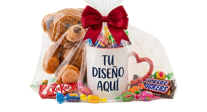 Ancheta de regalo personalizable Zephyr con taza, peluche y dulces, foto de catálogo