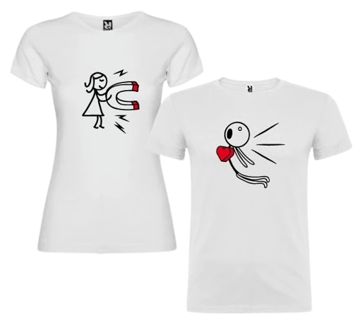 Camisetas de pareja a juego con diseño 'imán del amor' personalizado, ejemplo de personalización Zephyr