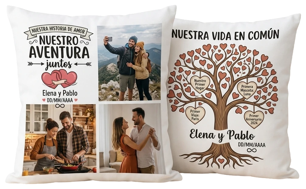 Cojín de pareja personalizado con fotos y árbol de la vida en común, ejemplo de personalización Zephyr