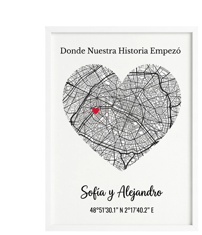 Cuadro enmarcado con mapa en forma de corazón del lugar donde empezó vuestra historia, ejemplo de personalización Zephyr
