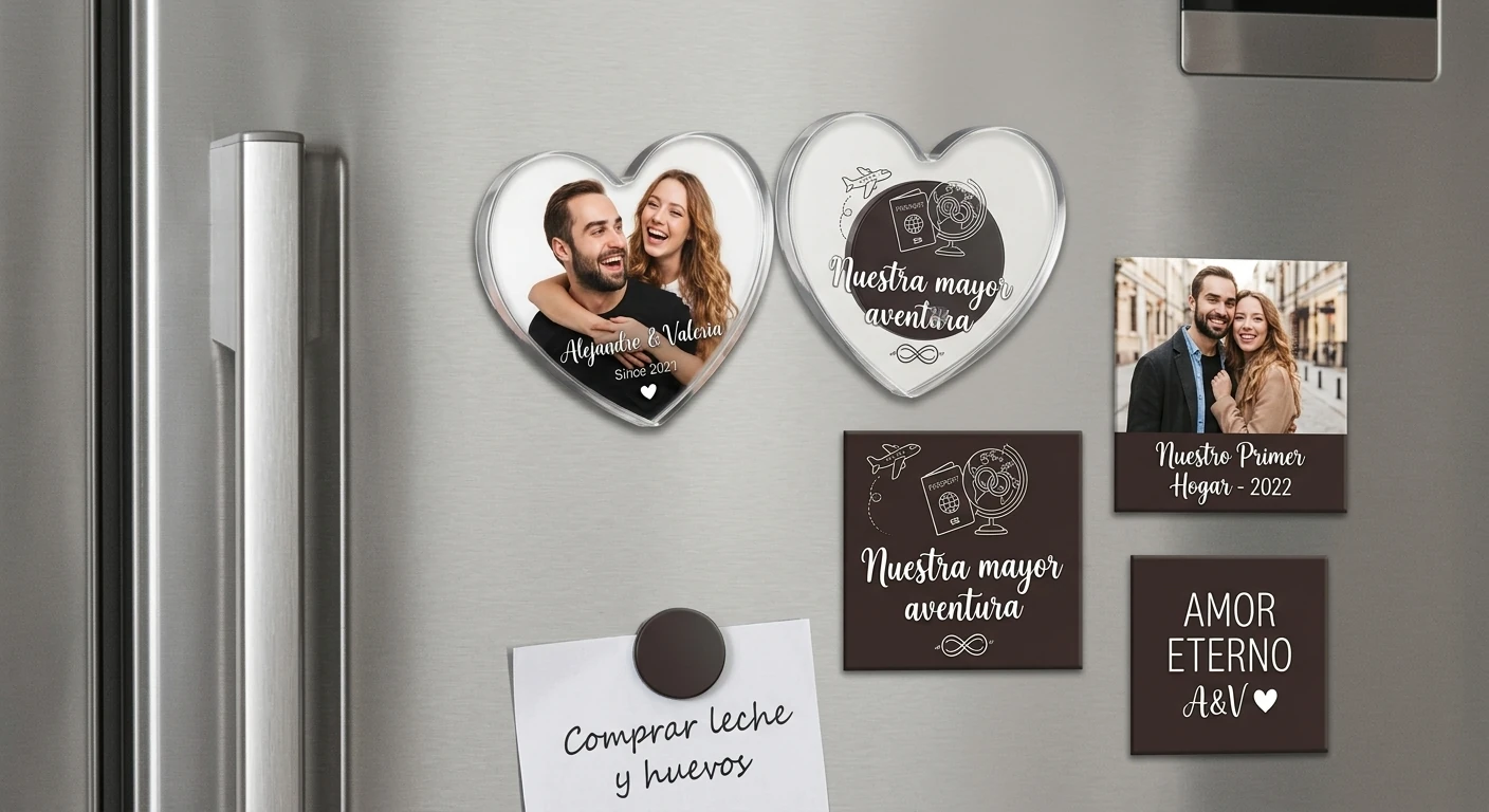 Imanes de nevera personalizados de pareja con foto y frases como 'Nuestra mayor aventura', foto de producto Zephyr