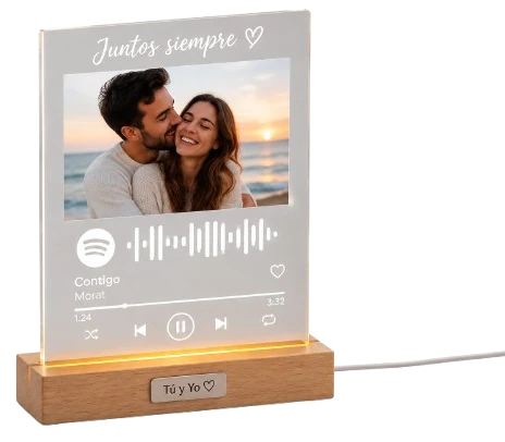 Lámparas de metacrilato personalizadas con foto y código Spotify de la canción, ejemplo de personalización Zephyr