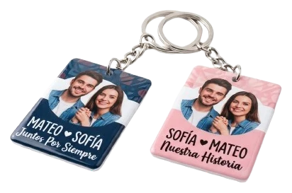 Llaveros de parejas personalizados con foto y frase a juego, un diseño para cada uno, ejemplo de personalización Zephyr