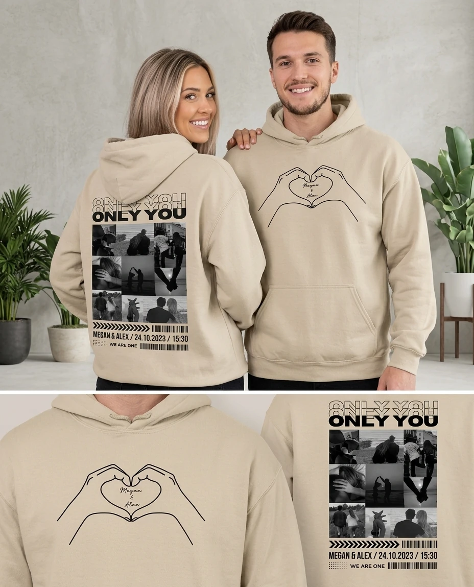 Sudadera de pareja personalizada con collage de fotos en blanco y negro y diseño de manos en forma de corazón, foto de producto Zephyr