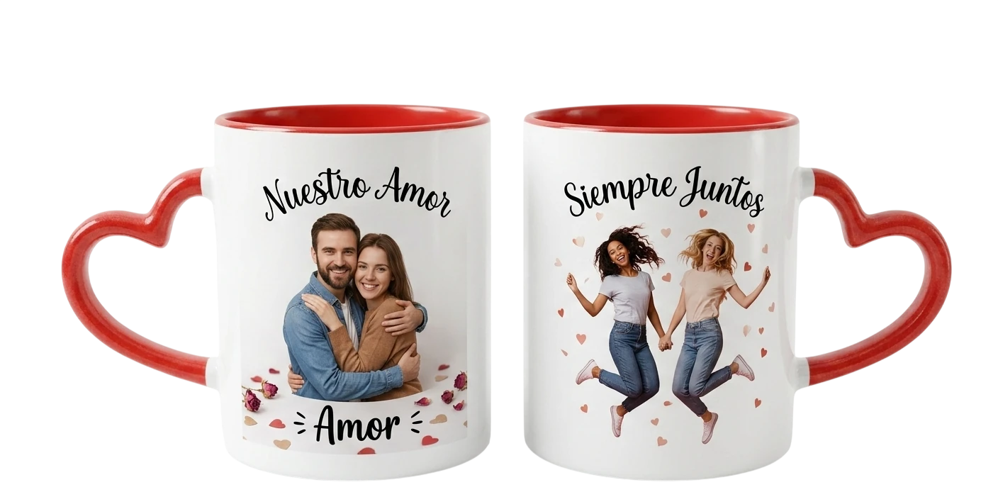 Taza de pareja con asa en forma de corazón personalizada con foto, ejemplo de personalización Zephyr