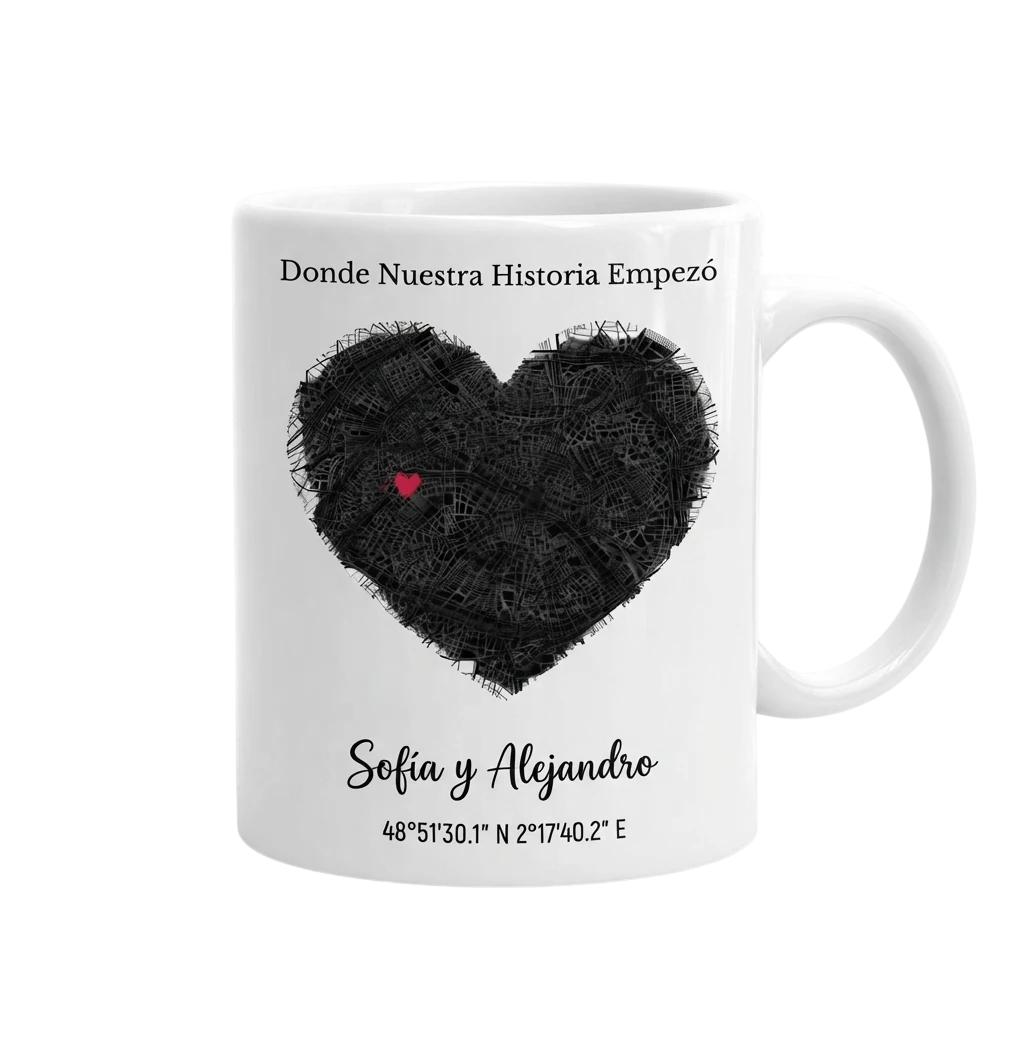 Taza personalizada con mapa en forma de corazón del lugar donde empezó vuestra historia, ejemplo de personalización Zephyr